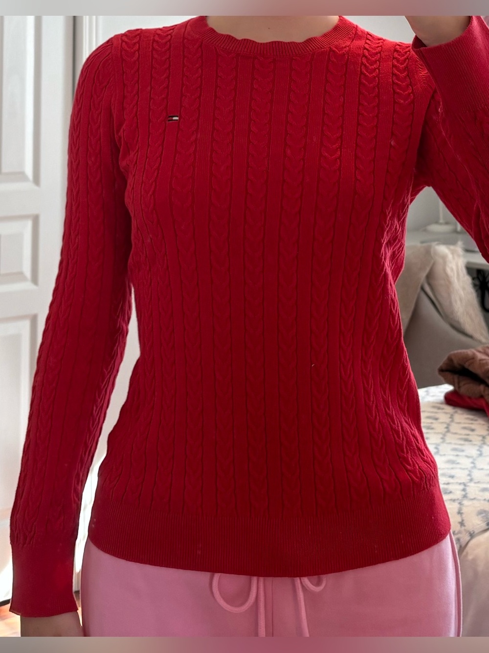 Tommy Hilfiger Red Cable-Knit Crewneck Sweater